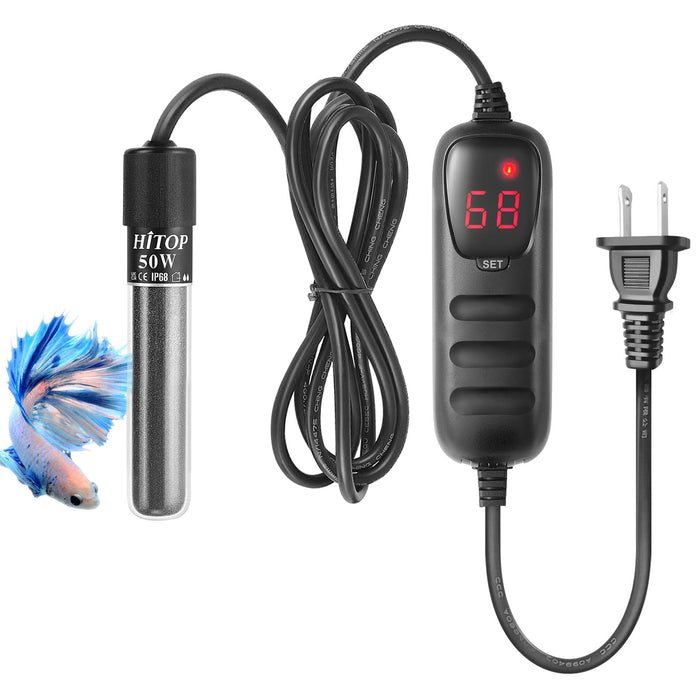 HITOP Mini Submersible Aquarium Heater - 50W Digital Heater for Fish Tank Turtle Tank 5-15 Gallon, Saltwater and Fresh Water with Temperature Controller (50W)