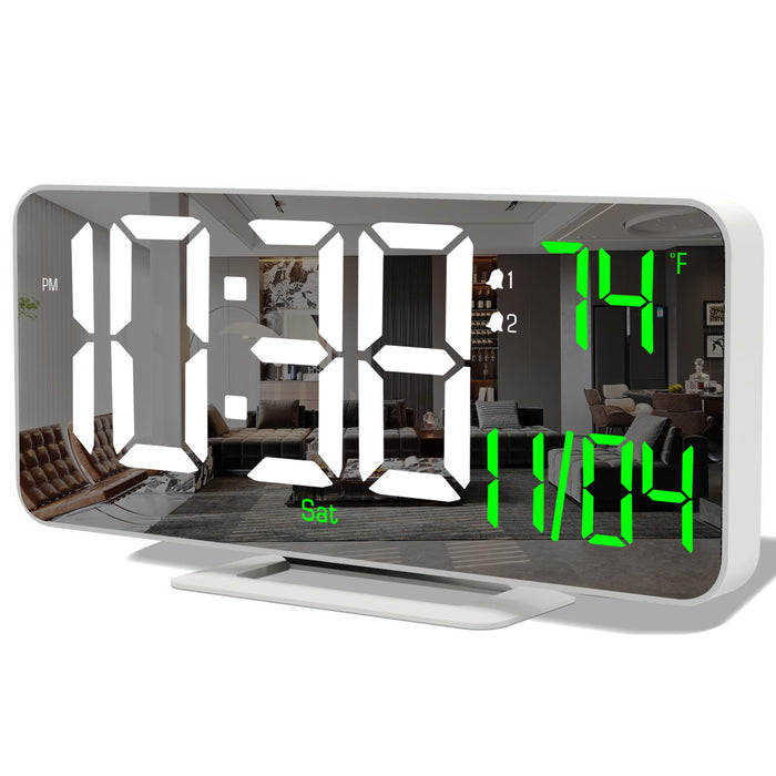 Neasroe Digital Alarm Clock, 6.7" Mirror Clocks Large Numbers LED Display for Bedrooms - Auto Dimmer, Time and Date, Room Temperature, Snooze, 12/24 Hour for Teens, Elderly, USB Powered(White)