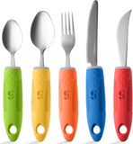 Special Supplies Adaptive Utensils(5-Piece Kitchen Set) Wide, Non-Weighted, Non-Slip Handles for Hand Tremors, Arthritis, Parkinson’s or Elderly Use - Stainless Steel Knives, Fork, Spoons - Multicolor