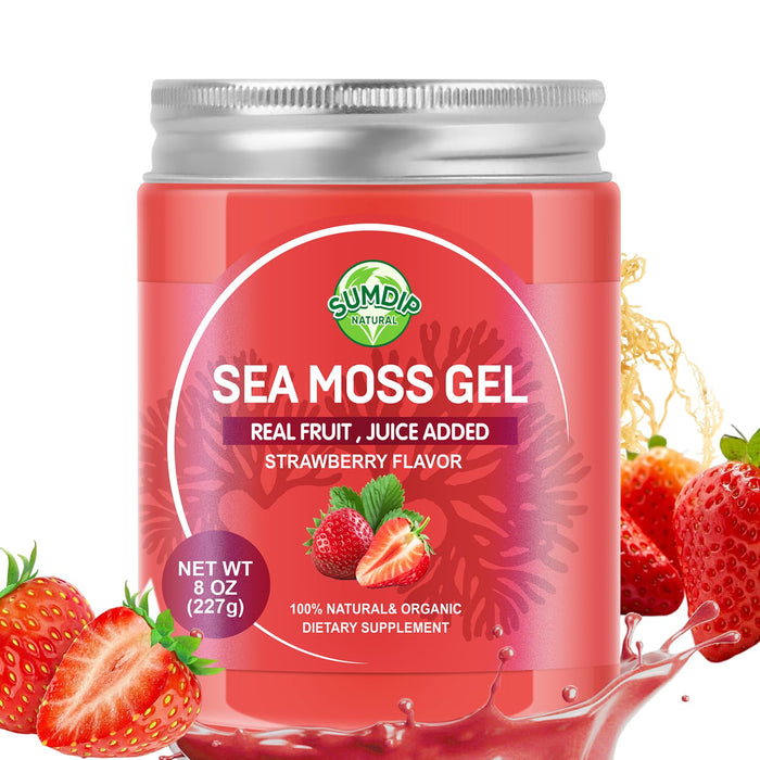 Sea Moss Gel, Organic Raw Wildcrafted Irish Seamoss Gel Immune and Digestive Support Vitamin Mineral Antioxidant Supplements, Strawberry 8oz