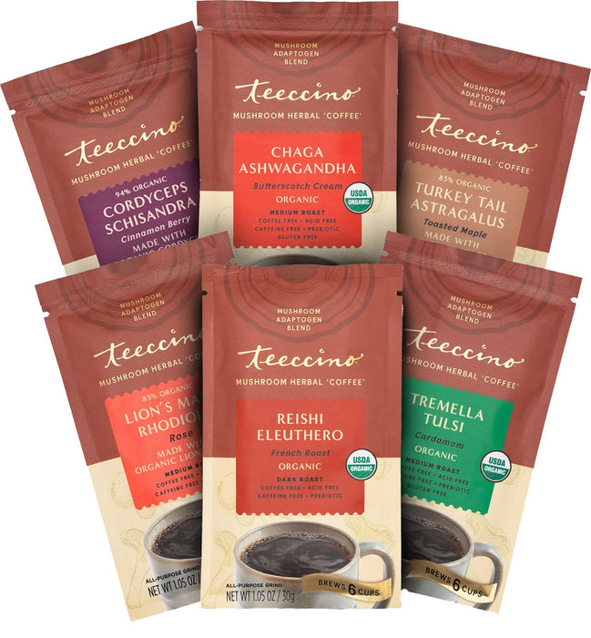 Teeccino Mushroom Adaptogen Herbal Coffee Sampler - 6 Trial-Size Packets - Chaga Ashwaganda, Reishi Eleuthero, Tremella Tulsi, Cordyceps Schisandra, Turkey Tail Astragalus, Lion’s Mane Rhodiola