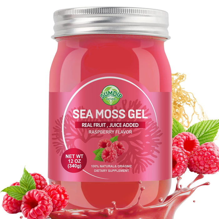 Seamoss Gel, Organic Raw Wildcrafted Irish Seamoss Gel Immune and Digestive Support Vitamin Mineral Antioxidant Supplements, Raspberry 12oz