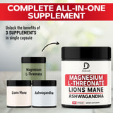 2 Packs 50 Capsules - Magnesium L-Threonate Supplement with Lions Mane & Ashwagandha Root - 1000Mg Per Serving - Advanced Formula Support