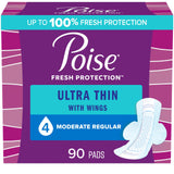 Poise Ultra Thin Incontinence Pads with Wings & Postpartum Incontinence Pads, 4 Drop Moderate Absorbency, Regular Length, 90 Count (3 Packs of 30), Packaging May Vary
