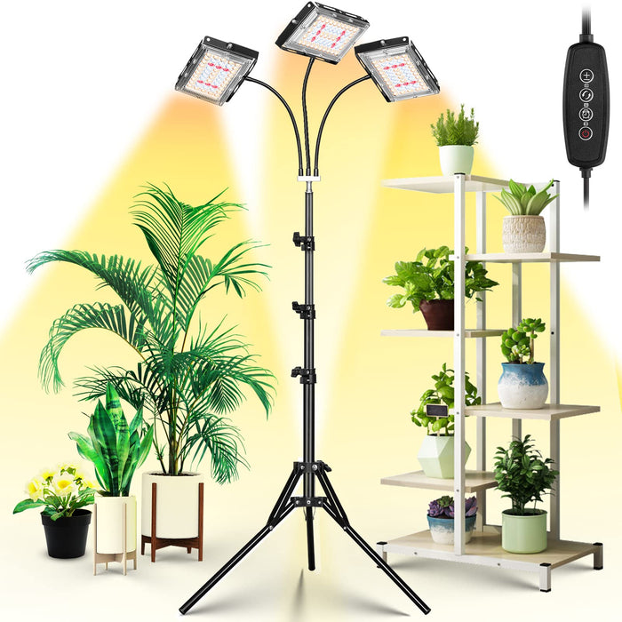 LBW Grow Light with Stand, Tri-Head LED Plant Light for Indoor Plants, Full Spectrum 150 LEDs, 3/6/12H Timer, 6 Dimmable Levels, 3 Switch Modes, Adjustable Tripod Stand 15-63 inches