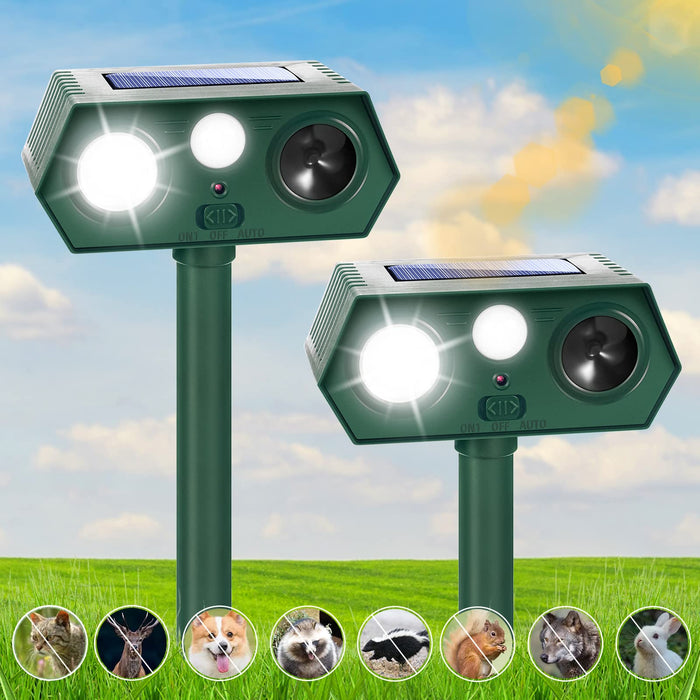 2 Pack Ultrasonic Deer Repellent Devices 2024 Newest Solar Animal Repeller for Cat Dog Deer Raccoon Coyote Skunk, Waterproof Cat Deterrent Outdoor with Explosive Flashing Light for Lawns Yard