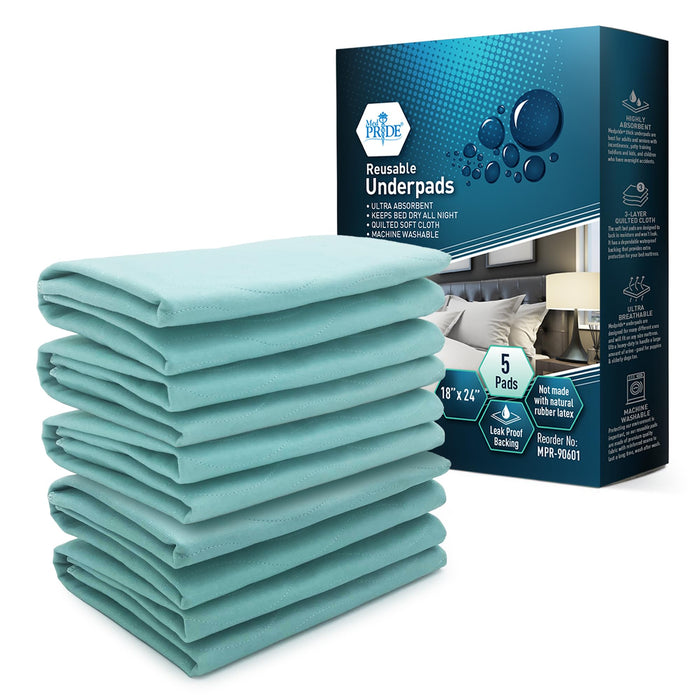 MED PRIDE Washable Underpads for Mattress Protection [Pack of 5] - Reusable High Absorbency Bed Pee Pad Liners- Incontinence Pads for Kids, Adults, Elderly & Pets- Leakproof, Bedwetting Pads 18x24”