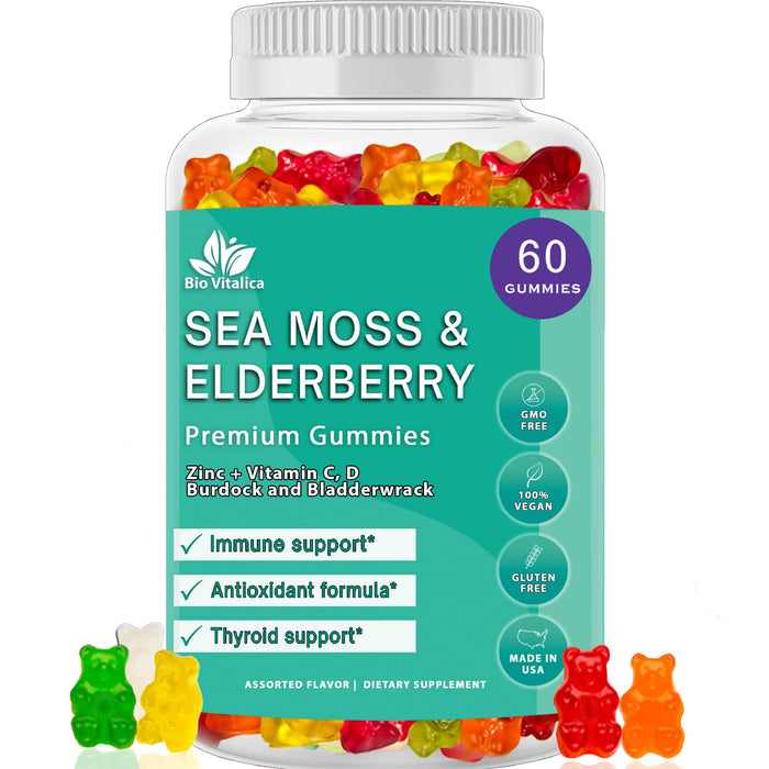 BIO VITALICA Sea Moss Gummies Elderberry BioVitalica - Vitamin C D + Zinc - Irish Seamoss Vegan Gummy with Sea Moss Gel & Powder for Immunity, Detox & Energy - for Adults and Kids