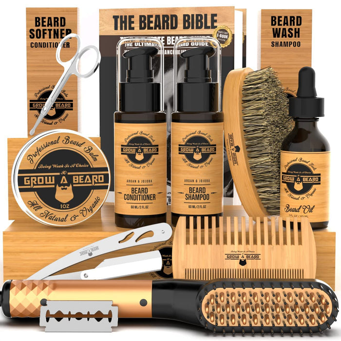 Beard Straightener Grooming Kit for Men, Beard Growth Oil, Sandalwood Balm, Beard Wash, Beard Brush & Comb, Beard Conditioner, Beard Razor and Scissors, & Beard E-Book, Great Gift Idea for Men's