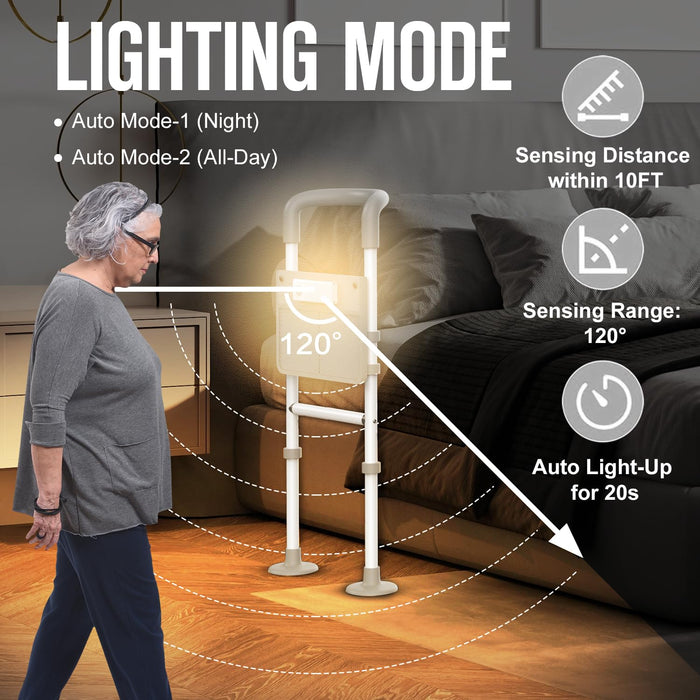 Agrish Bed Rails for Elderly Adults - with Motion Light & Storage Pouch, Bedside Assist Bar with Support Legs for Seniors & Surgery Patients - Adjustable Medical Bed Handles Fit Any Bed