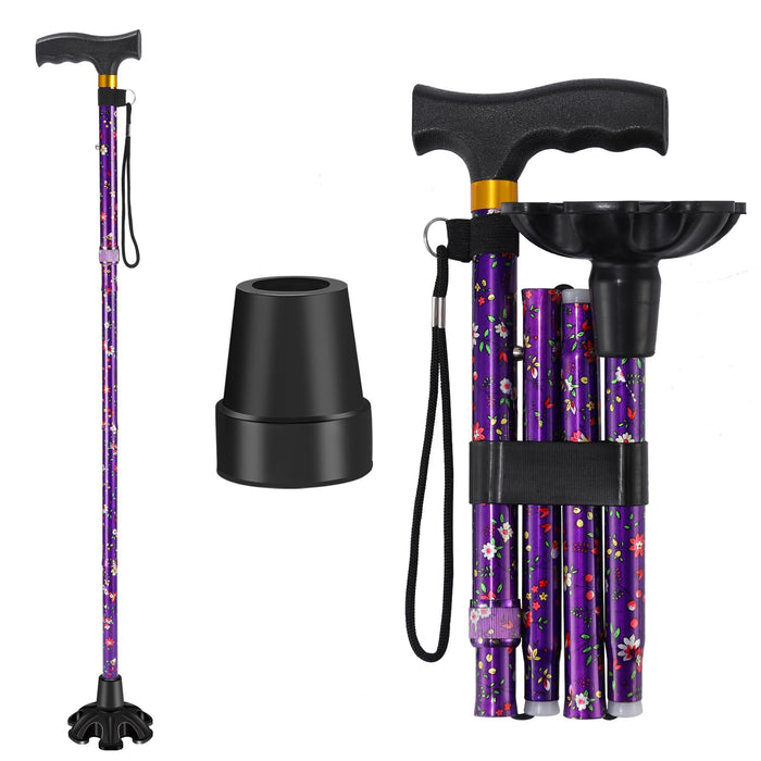 Walking Cane ATMTV Cane for Woman | Mobility & Daily Living Aids | 5-Level Height Adjustable Walking Stick | Comfortable Plastic T-Handle Portable Folding Cane with Replace Tip Purple Flower