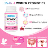 300 Billion CFUs Probiotics for Women,12 Strains Probiotics with Prebiotic Cranberry, Probiotic for Women’s Digestive Immune, Vaginal & Urinary Health, Gut & Bloating Health, Shelf Stable, 60 Capsules