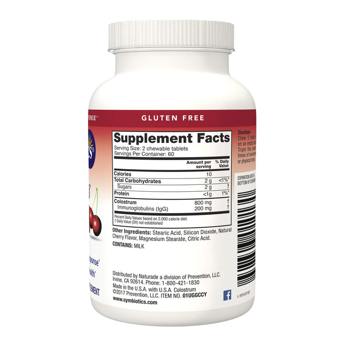 Symbiotics Colostrum 120ct Chewables Plus - Immunity Support for Adult & Kids - Lactoferrin Supplement & Colostrum Protein - Supports Digestion & Gut - 25% lgG Antibodies, Gluten Free - Wild Cherry