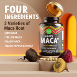 Maju Superfoods 4-in-1 Maca Root Capsules, Organic Black, Yellow & Red Roots w Black Pepper Extract for Absorption (120 ct) | Peru Product, Peruvian Powder, Men & Women Supplement, 60,000 mg