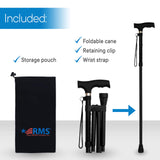 RMS Folding Cane - Foldable, Adjustable, Lightweight Aluminum Offset Walking Cane - Collapsible Walking Stick with Ergonomic Derby Handle - Ideal Daily Living Aid for Limited Mobility (Black)