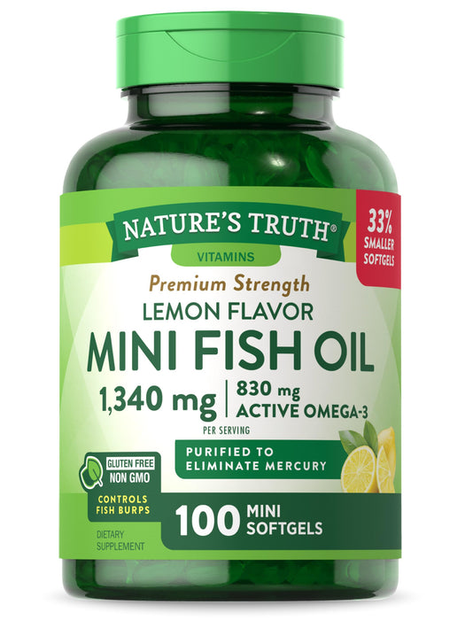 Mini Fish Oil Omega 3 | 1340 mg | 100 Softgels | Burpless Lemon Flavor Pills | Non-GMO & Gluten Free Supplement | by Nature's Truth