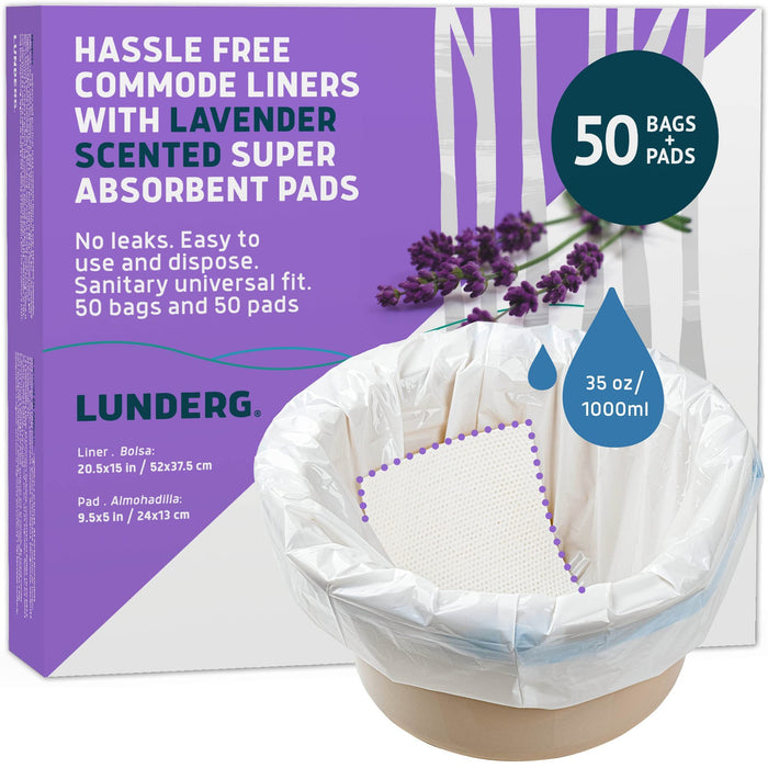 Lunderg Commode Liners with Lavender Scented Absorbent Pads - Value Pack Medical Grade 50 Count Universal Fit - Disposable Bedside Commode Liners and Pads for Adult Commode Chairs & Portable Toilets