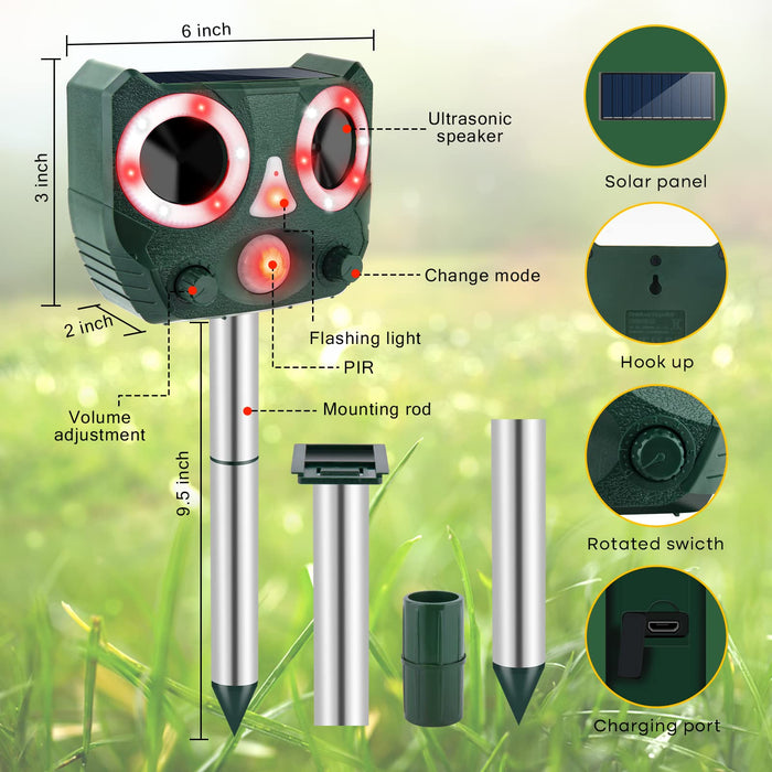 Solar Animal Repeller,Outdoor Ultrasonic Animal Repeller Waterproof Cat Deterrent Solar-Powered Animal Repelent with Motion Sensor for Repelling Dogs,Cat,Bird,Squirrels,Rabbit,Raccoon,Garden Yard Farm