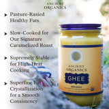 Ancient Organics Ghee - Gluten-Free Grass-Fed Clarified Kosher Vegetarian Ghee Butter with Vitamins & Omegas, Non-GMO, Lactose Reduced, 100% USDA Certified Organic, Made in USA – 32 Fl Oz 2-Pack