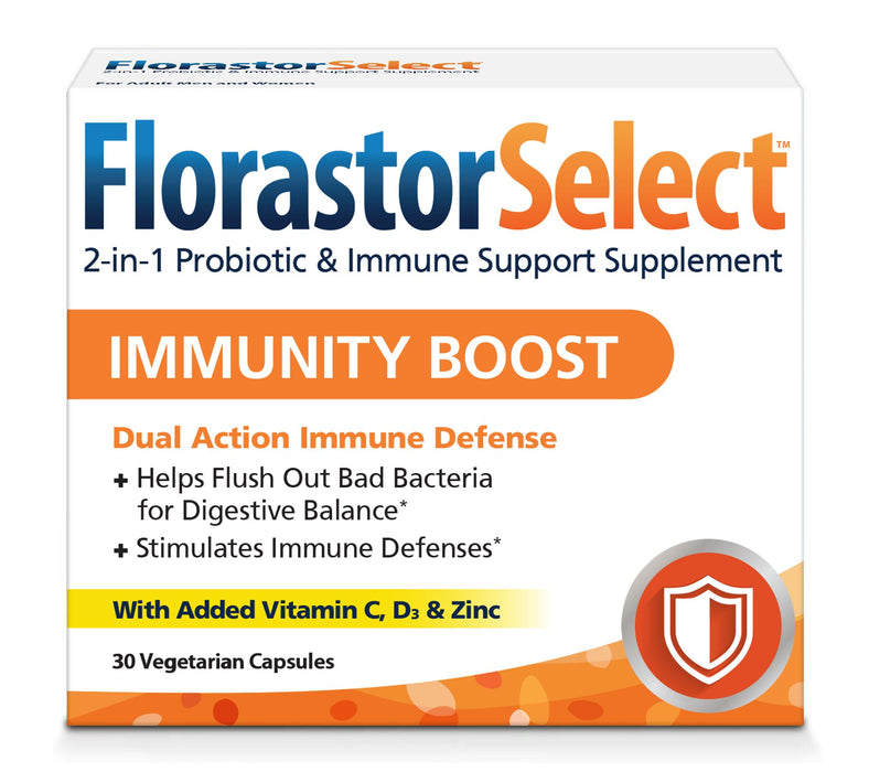 Florastor Select Immunity Boost Daily Probiotic & Immune Support Supplement for Women and Men, Saccharomyces Boulardii CNCM I-745 Plus Zinc, Vitamin C & D3 (30 Capsules)