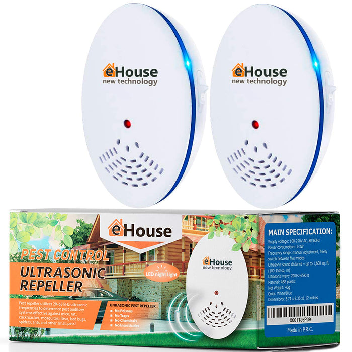 BH-1, Ultrasonic Pest Repeller - Electronic & Ultrasound, Indoor Plug-in Repellent - Get rid of - Rodents, Mice, Squirrels, Bats, Insects, Bed Bugs, Ants, Fleas, Spiders, Roaches (Blue, 2 Pack)