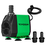 VIVOSUN 800GPH Submersible Pump(3000L/H, 24W), Ultra Quiet Water Fountain Pump with 10ft. High Lift with 6.5ft. Power Cord, 3 Nozzles for Fish Tank, Pond, Aquarium, Statuary, Hydroponics Green