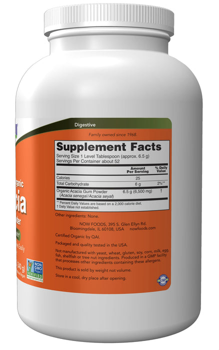 NOW Supplements, Acacia Pure Powder, Certified Organic, Highly Soluble, Mixes Easily, Intestinal Health*, 12-Ounce