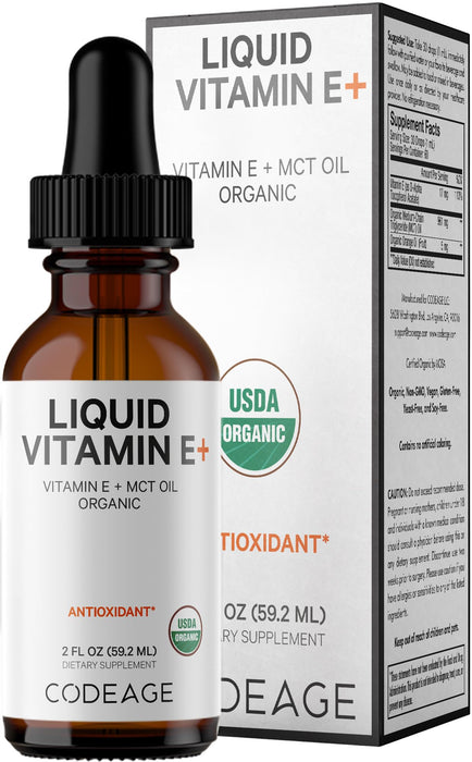 Codeage Liquid Vitamin E+ - USDA-Certified Organic, Organic MCT Oil, Organic Orange Oil Fruit, 2-Month Supply - Antioxidant, Skin & Immune Support - Non-GMO, Vegan, Gluten-Free - 2 fl oz