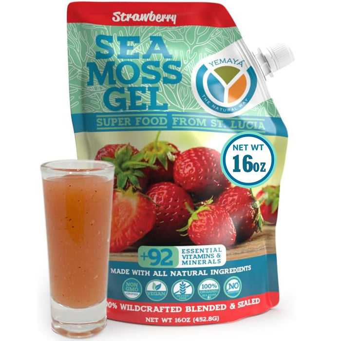 YEMAYA THE NATURAL WAY Organic Sea Moss Gel (Multiple Flavors) - 16 Ounces - Real Fruit - Wildcrafted Sea Moss from St. Lucia (Strawberry)