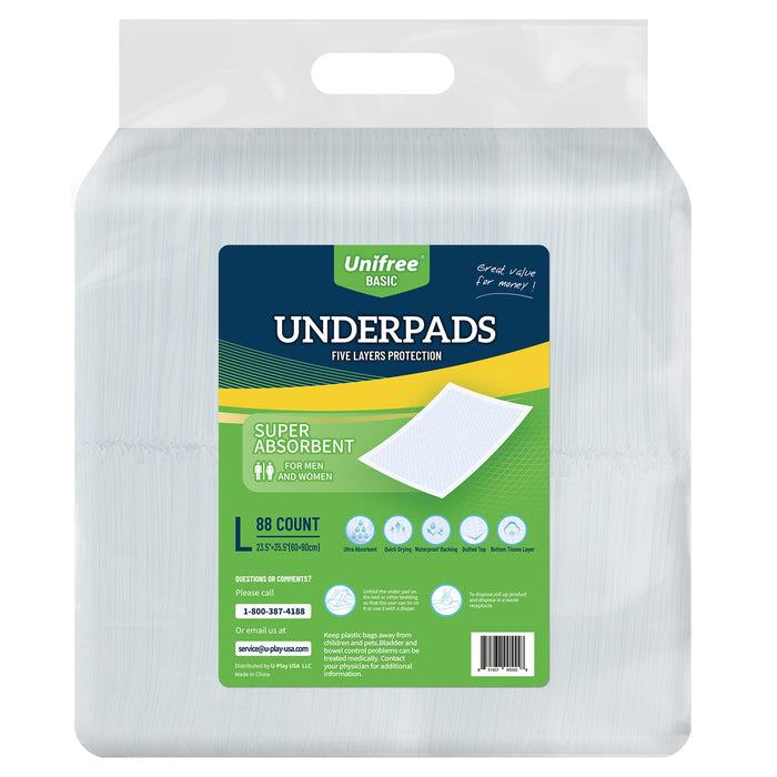 Unifree Disposable Underpads, Bed Pads, Incontinence Pad, Super Absorbent, 88 Count, Blue (L 23.5x35.5 Inch)