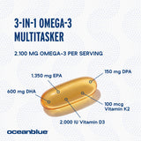 Oceanblue Professional Omega-3 2100 with Vitamin K2 and Vitamin D3-60 Count - Triple Strength Burpless Fish Oil Omega-3 Supplement with EPA, DHA & DPA - Wild Caught - Orange Flavor, 30 Servings