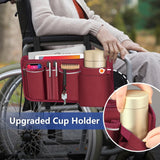 FINPAC Wheelchair Side Storage Bag w/Cup Holder, Wheelchair Armrest Accessories Pouch with Pen Slot and Reflective Strips for Power Wheelchairs, Walkers, Rollators, Seniors (Burgundy)