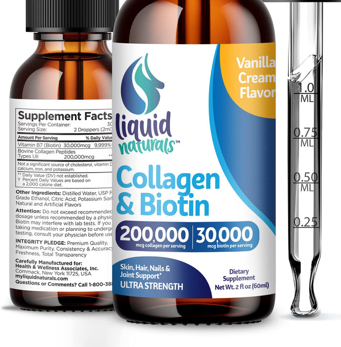 Liquid Collagen, 2 Fl. Oz Ultra-Strength Liquid Collagen for Women, Biotin and Collagen Supplements for Hair, Skin, Nails - Vanilla Cream Flavor