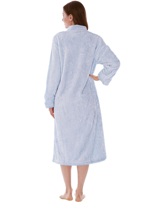 PAVILIA Womens Housecoat Zip Robe, Sherpa Zip Up Front Robe Bathrobe, Fuzzy Warm Zipper House Coat Lounger for Women Ladies Elderly with Pockets, Fluffy Fleece Long - Light Blue (Small/Medium)