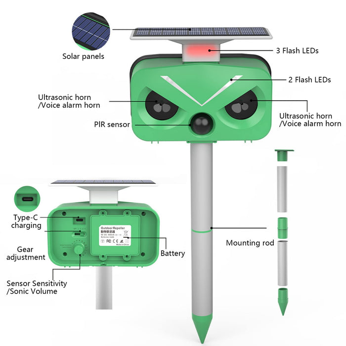 Ultrasonic Animal Repeller, 2024 New 4 Modes Solar Powered Animal Repeller, Cat Repellent Outdoor Animal Deterrent with Motion Sensor & Flashing Light for Dogs,Cat, Bird,Squirrels,Raccoon,Rabbit,Fox