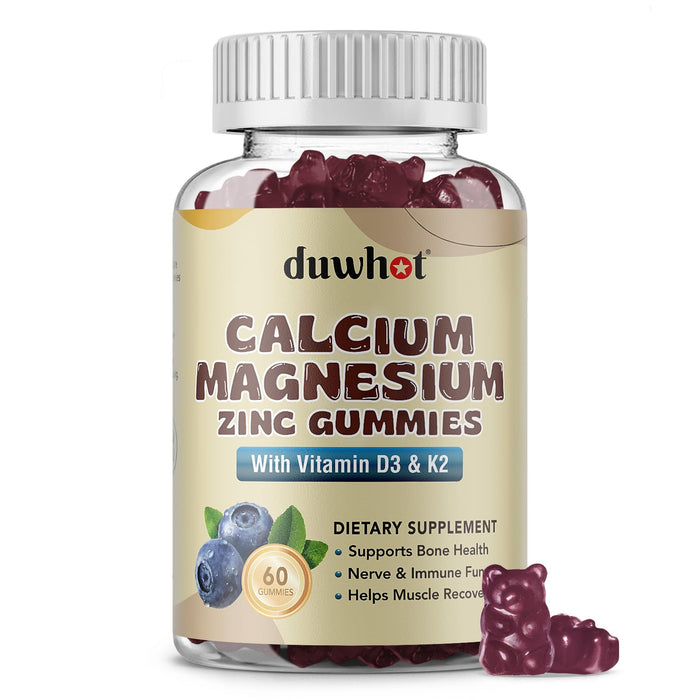 duwhot Calcium Magnesium Zinc Gummies with Vitamin D3 & K2, Chewable Calcium Magnesium Zinc Supplement for Women & Men, Bone & Nerve Health, Muscle Function, Blueberry Flavor, 60 Count