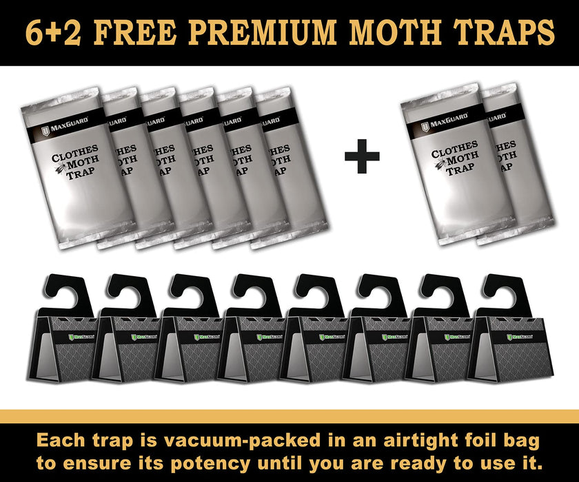 MaxGuard Clothes Moth Traps (6+2 Free Traps) with Extra Strength Pheromones | Non-Toxic Sticky Glue Trap for Closets and Carpet Moths | No Mothballs | Lure, Trap and Kill Case-Bearing Webbing Moths |