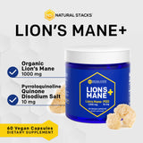 NATURAL STACKS Lions Mane Supplement with PQQ + Brain Cell Optimizer - Organic Lions Mane Extract for Memory, Learning, Mitochondrial Function - 60 Vegan Lions Mane Mushroom Capsules