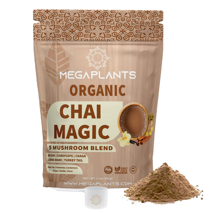 MEGAPLANTS Chai Magic (50 Servings) | Superfood 5 Mushroom Powder Blend for Focus, Clarity & Energy + Spiced Masala Chai Blend | Smoothie, Coffee Alternative