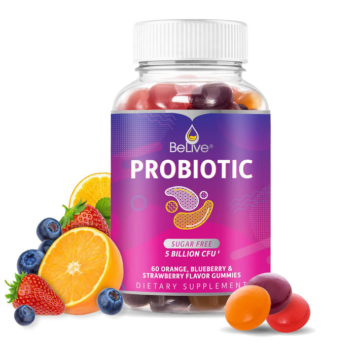 BeLive Probiotic Gummies - Probiotics with 5 Billion CFUs for Digestive Health, Men, Women & Kids - for Immune Support, Sugar Free & Vegan | 60 Ct – Blueberry, Strawberry & Orange