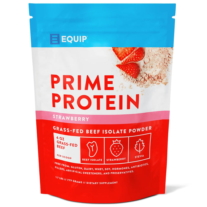 Equip Foods Prime Protein - Grass-Fed Beef Protein Powder Isolate -Paleo and Keto Friendly, Gluten Free Carnivore Protein Powder - Strawberry, 1.7 Pounds - Helps Build and Repair Tissue