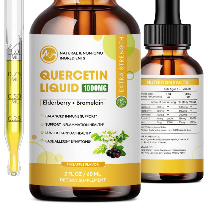 Quercetin Liquid Drops - Quercetin Supplements 1000mg - 4X Stronger Than Pills & Capsules - 5 in 1 Quercetin with Bromelain Elderberry Vitamin for Immunity Health Respiratory Health Skin Care- 2 Fl Oz