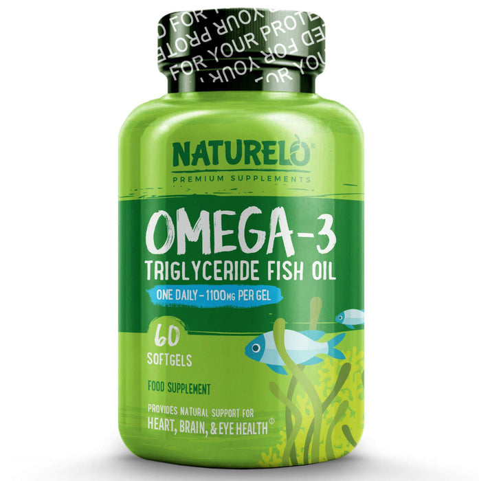 NATURELO Omega-3 Fish Oil Supplement - EPA + DHA - 1100 mg Triglyceride Omega-3 per Gel - One A Day - for Heart, Eye, Brain, Joint Health - No Burps - Lemon Flavor - 60 Softgels | 2 Month Supply