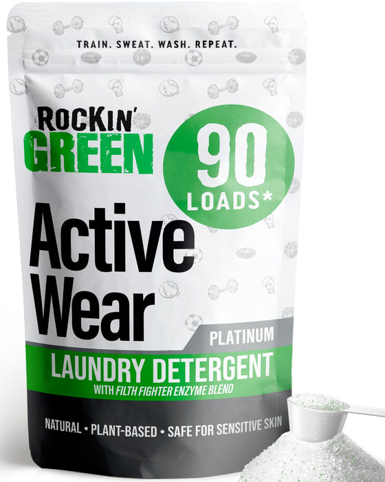 Rockin' Green Laundry Detergent, Plant based, All Natural Laundry Detergent Powder, Vegan and Biodegradable Odor Fighter, Safe for Sensitive Skin (Active Wear 90 Loads - Unscented)