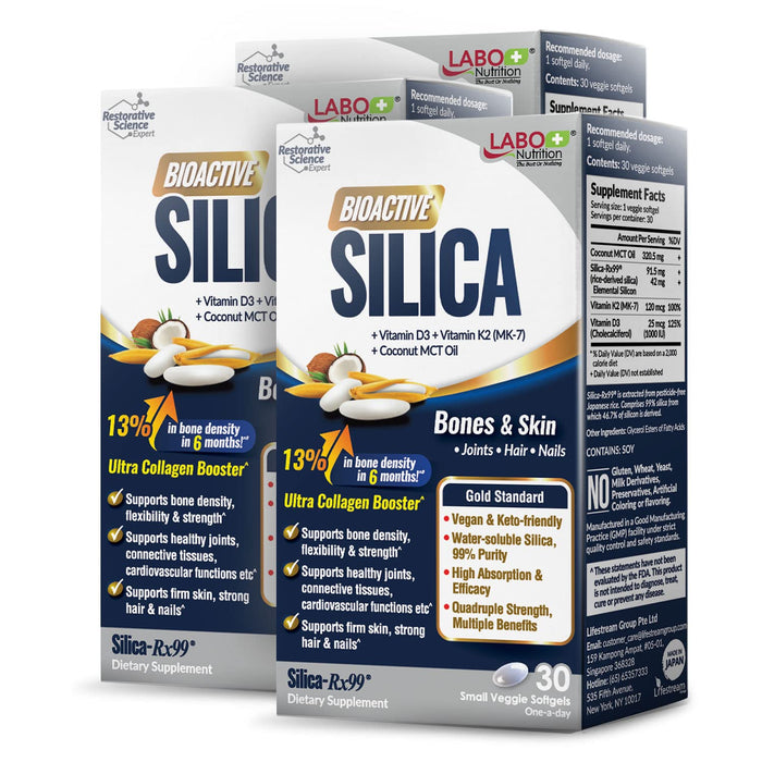 LABO Nutrition Bioactive Silica, 99% Purity Rice-Derived Silica with 42mg Silicon Per Serving, Intensive Collagen Generator, Strengthen Joint & Bone, for Skin, Hair & Nails Support. 30sx3