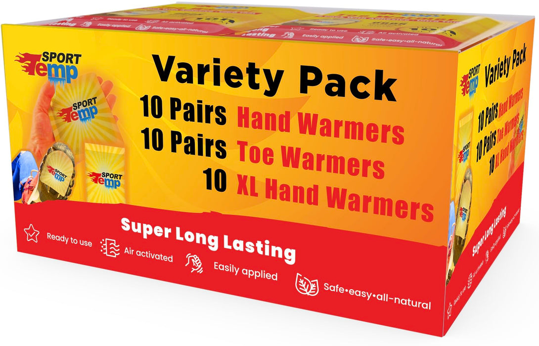 Hand, Toe, & XL Body and Hand Warmers - Variety Pack, 10 Pairs Hand Warmers, 10 Pairs Toe Warmers with Adhesive, 10 XL Hand & Body Warmers - Air Activated - Odorless Hot Hand - Sport Temp