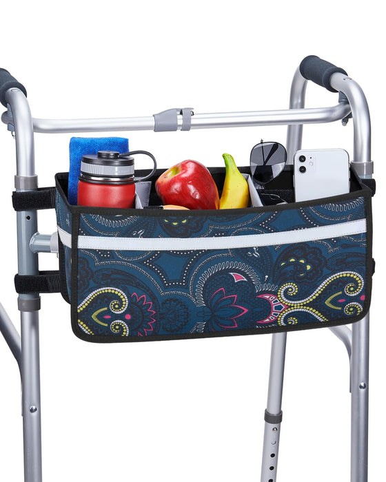 ISSYAUTO Walker Basket, Strap Mount Walker Cup Drink Holder with Two Split Board, Foldable Walker Storage Bag, Best Gift for Family and Friends - Navy (Not Fit Rollator Walkers)