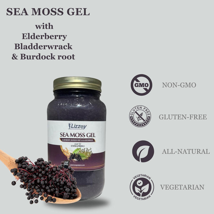 Organic Elderberry, Burdock Root and Bladderwrack Sea Moss Gel Supplement, Flavored Natural Irish Sea Moss Superfood for Immune Support & More, Vitamins, Vegan & Gluten Free