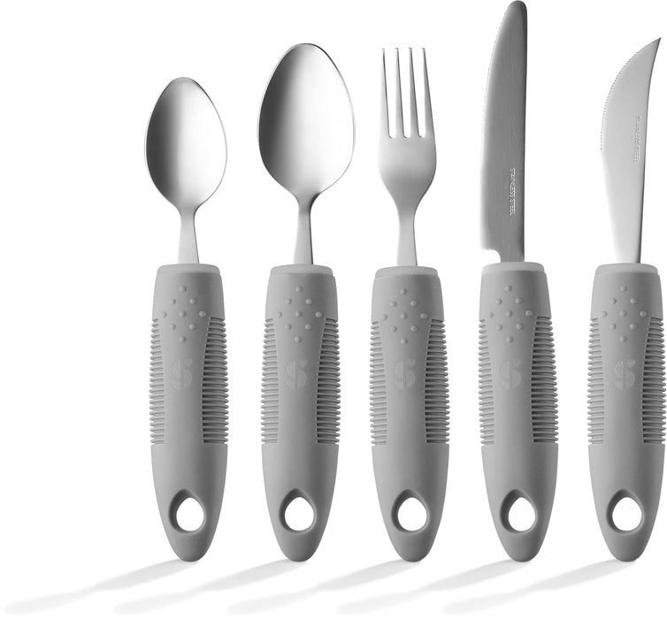 Special Supplies Adaptive Utensils (5-Piece Kitchen Set) Wide, Non-Weighted, Non-Slip Handles for Hand Tremors, Arthritis, Parkinson’s or Elderly Use (Grey)