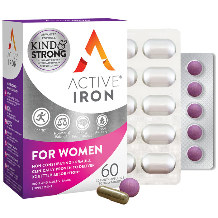 Active Iron for Women, Non-Constipating, 30 Active Iron High Potency Capsules with 30 Multivitamin Tablets, Helps Strengthen Your Immune System